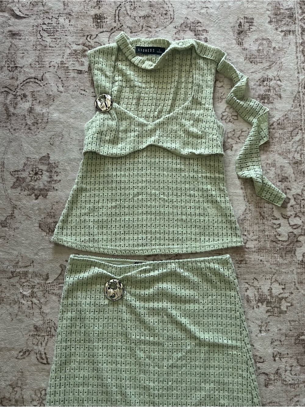 Lioness Mint Green Knit Two-Piece Dress Set with Brooch Detail